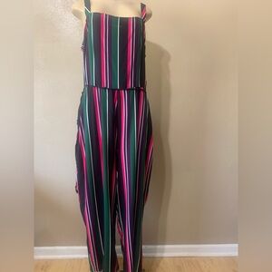 39. Bold Elements 14 Striped Sleeveless Ankle Jumpsuit Black, Pink & Green NWT